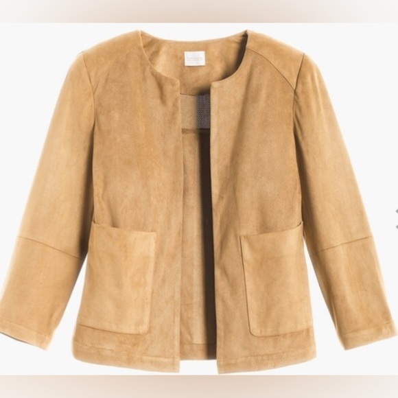 Chico’s faux suede tan laser cut holes open front jacket 3/4 sleeves size medium - Picture 1 of 13